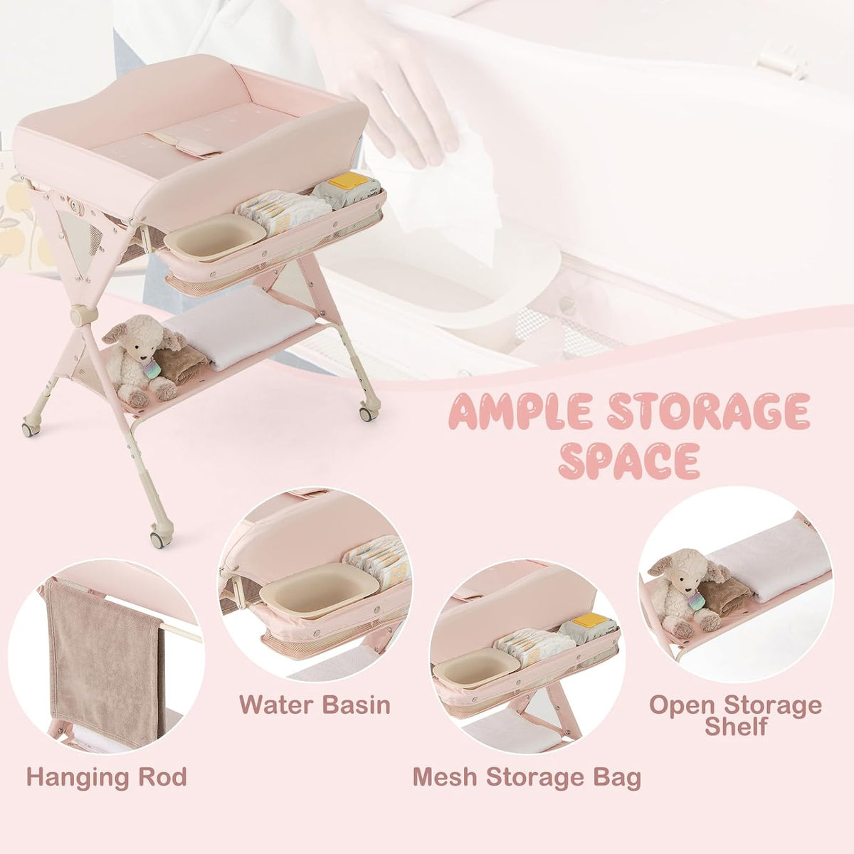 Changing Table, Folding Mobile Diaper Nursery Organizer w/Wheel, 3 Adjustable Heights, Storage Bag & Open Shelf, Water Basin, Portable Baby Changing Station for Newborn Infant(Green)