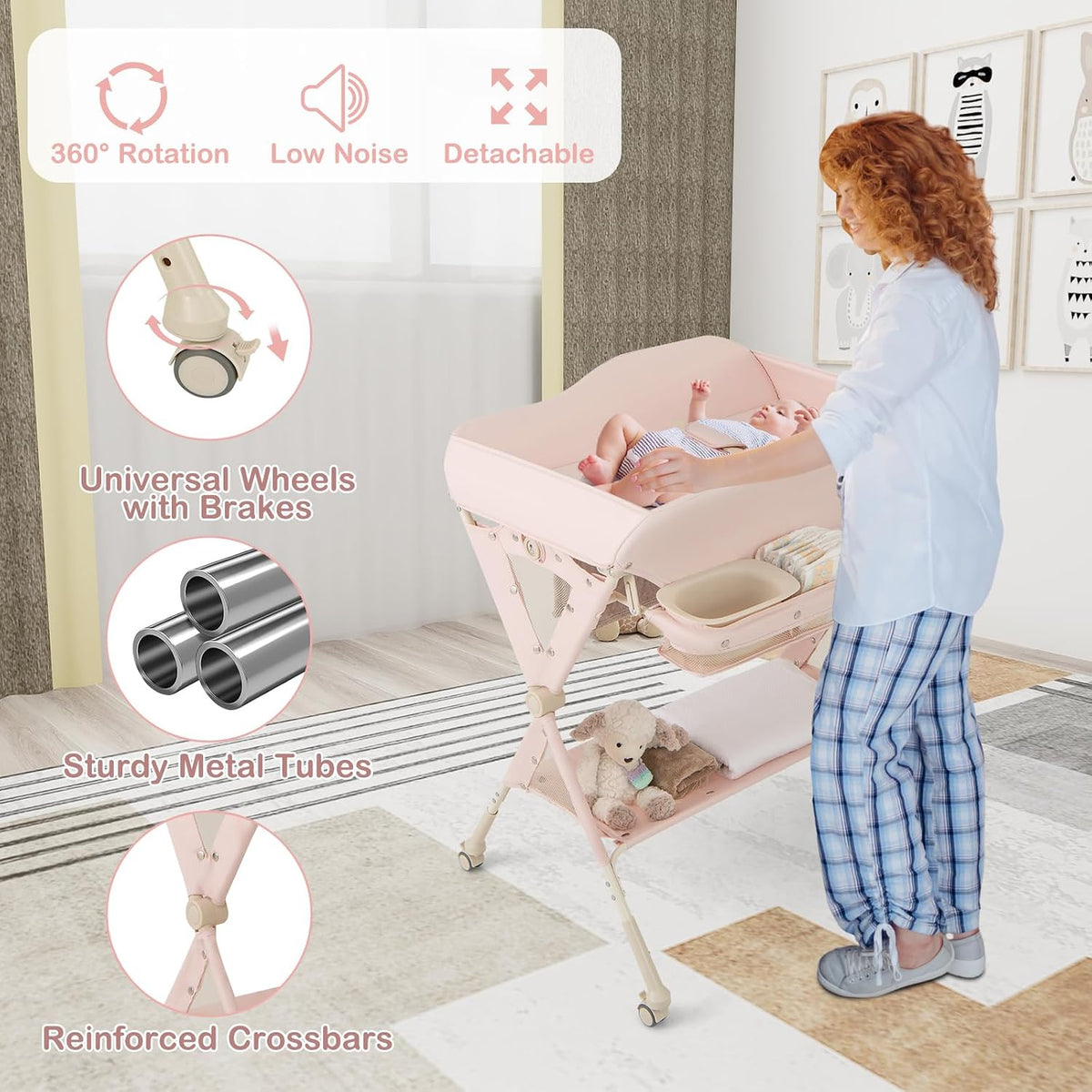Changing Table, Folding Mobile Diaper Nursery Organizer w/Wheel, 3 Adjustable Heights, Storage Bag & Open Shelf, Water Basin, Portable Baby Changing Station for Newborn Infant(Green)