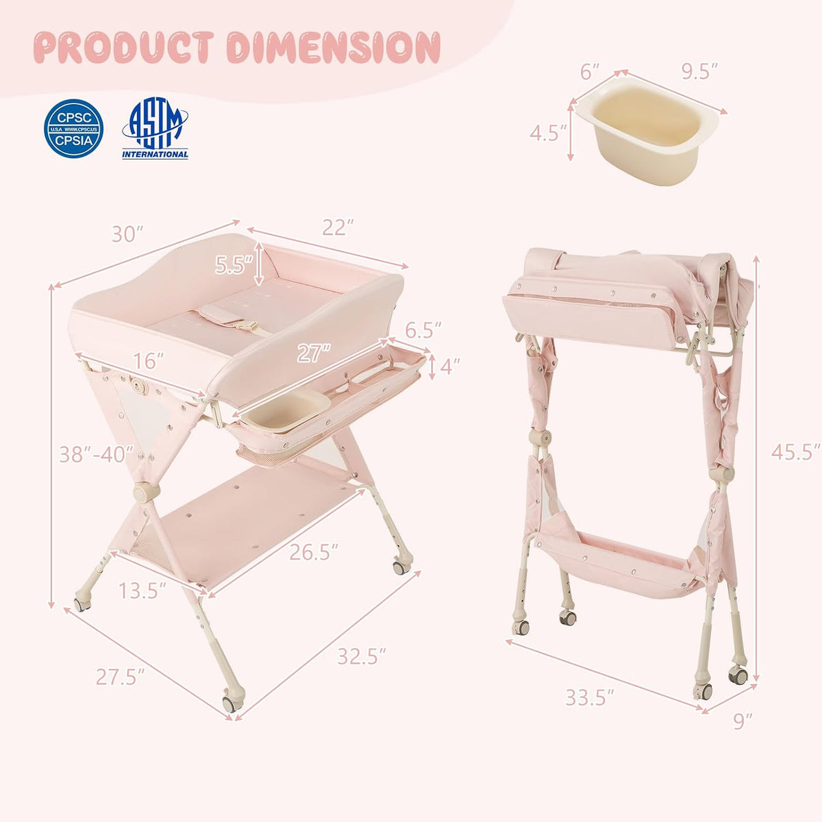 Changing Table, Folding Mobile Diaper Nursery Organizer w/Wheel, 3 Adjustable Heights, Storage Bag & Open Shelf, Water Basin, Portable Baby Changing Station for Newborn Infant(Green)