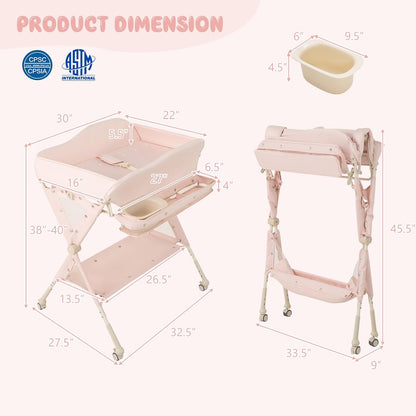 Changing Table, Folding Mobile Diaper Nursery Organizer w/Wheel, 3 Adjustable Heights, Storage Bag & Open Shelf, Water Basin, Portable Baby Changing Station for Newborn Infant(Green)