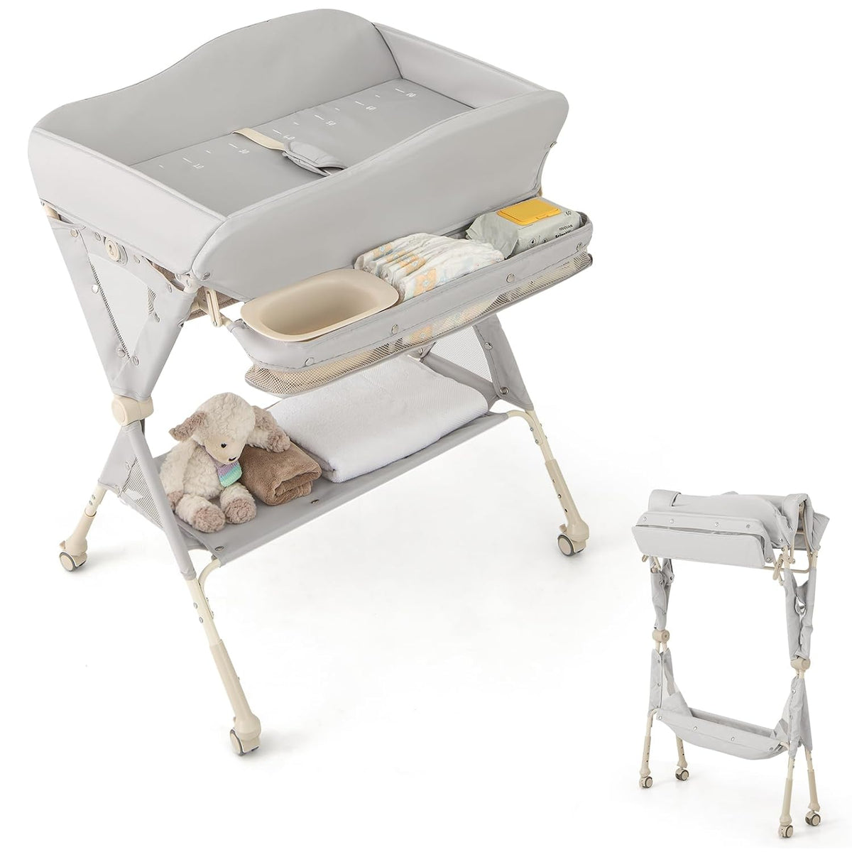 Changing Table, Folding Mobile Diaper Nursery Organizer w/Wheel, 3 Adjustable Heights, Storage Bag & Open Shelf, Water Basin, Portable Baby Changing Station for Newborn Infant(Green)
