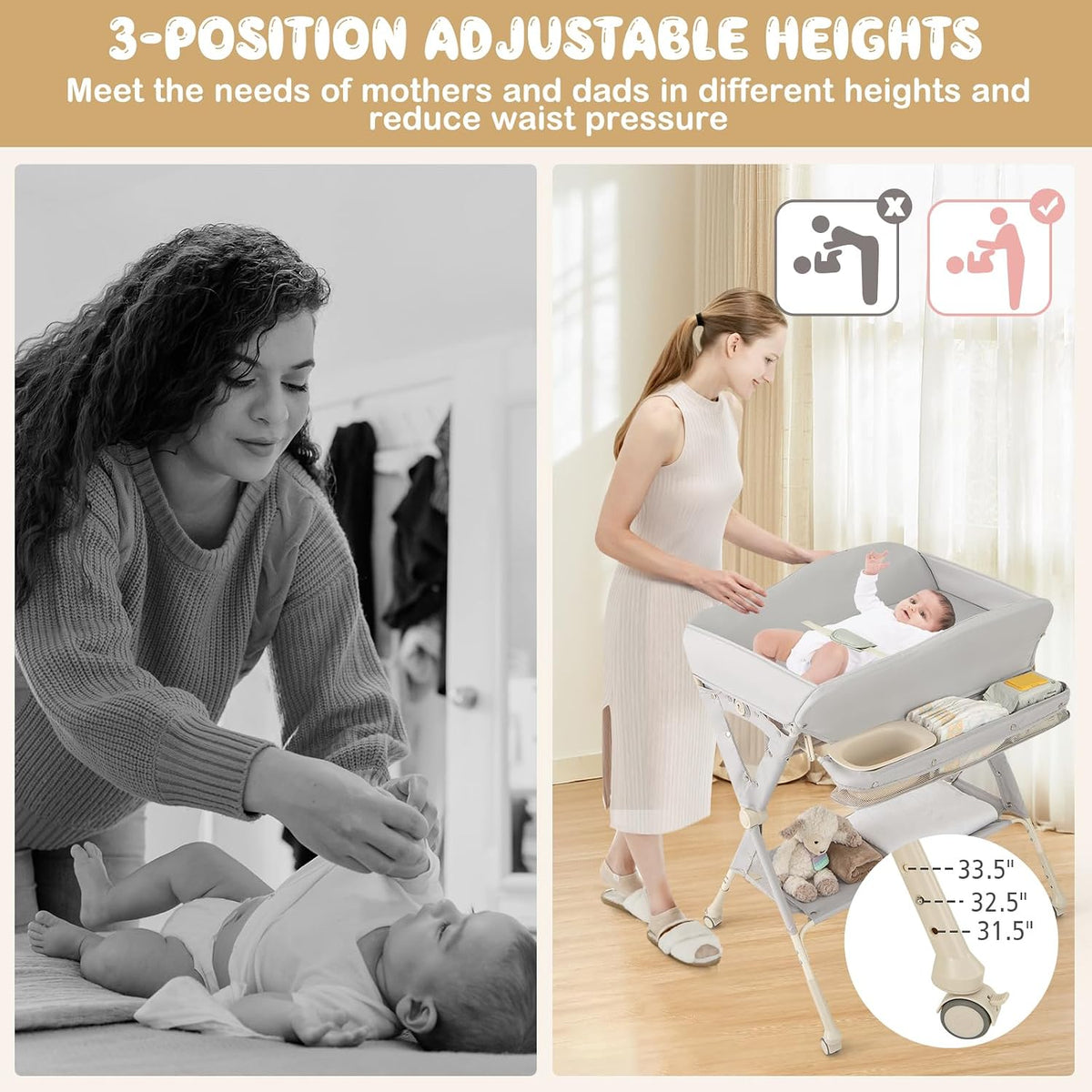 Changing Table, Folding Mobile Diaper Nursery Organizer w/Wheel, 3 Adjustable Heights, Storage Bag & Open Shelf, Water Basin, Portable Baby Changing Station for Newborn Infant(Green)