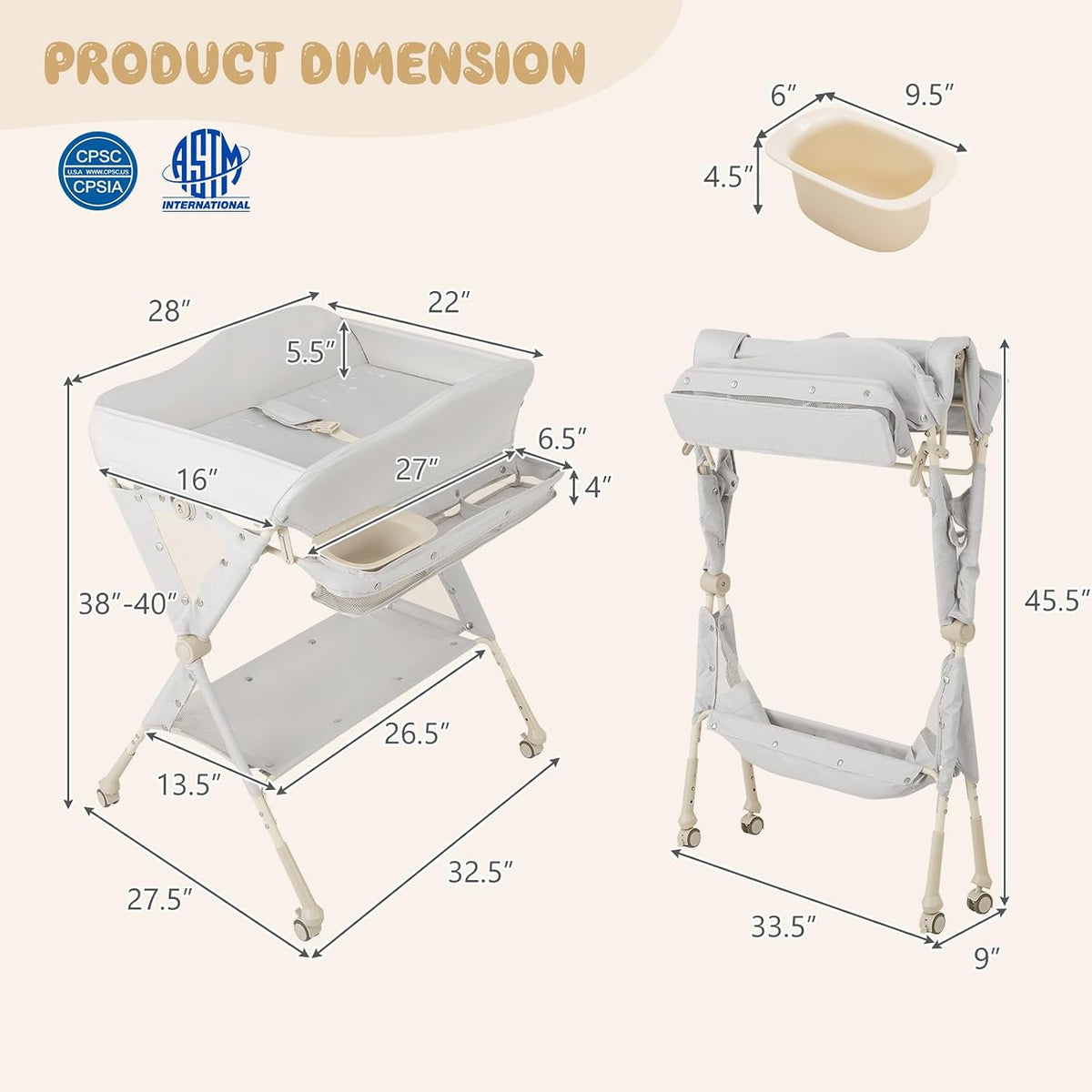 Changing Table, Folding Mobile Diaper Nursery Organizer w/Wheel, 3 Adjustable Heights, Storage Bag & Open Shelf, Water Basin, Portable Baby Changing Station for Newborn Infant(Green)