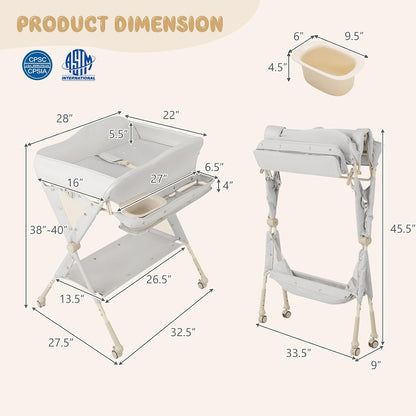 Changing Table, Folding Mobile Diaper Nursery Organizer w/Wheel, 3 Adjustable Heights, Storage Bag & Open Shelf, Water Basin, Portable Baby Changing Station for Newborn Infant(Green)