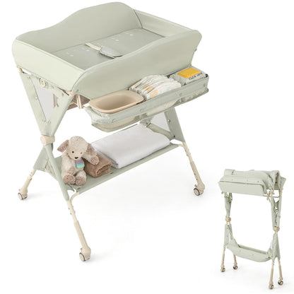 Changing Table, Folding Mobile Diaper Nursery Organizer w/Wheel, 3 Adjustable Heights, Storage Bag & Open Shelf, Water Basin, Portable Baby Changing Station for Newborn Infant(Green)
