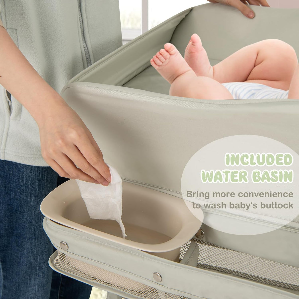 Changing Table, Folding Mobile Diaper Nursery Organizer w/Wheel, 3 Adjustable Heights, Storage Bag & Open Shelf, Water Basin, Portable Baby Changing Station for Newborn Infant(Green)
