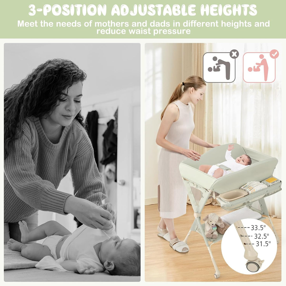 Changing Table, Folding Mobile Diaper Nursery Organizer w/Wheel, 3 Adjustable Heights, Storage Bag & Open Shelf, Water Basin, Portable Baby Changing Station for Newborn Infant(Green)