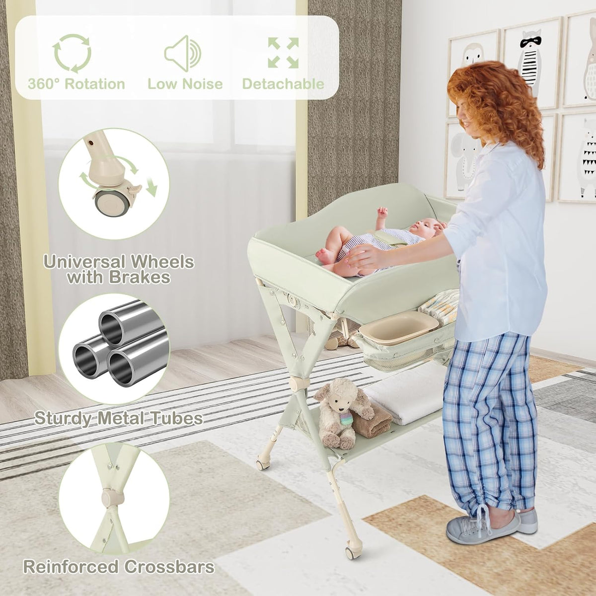 Changing Table, Folding Mobile Diaper Nursery Organizer w/Wheel, 3 Adjustable Heights, Storage Bag & Open Shelf, Water Basin, Portable Baby Changing Station for Newborn Infant(Green)
