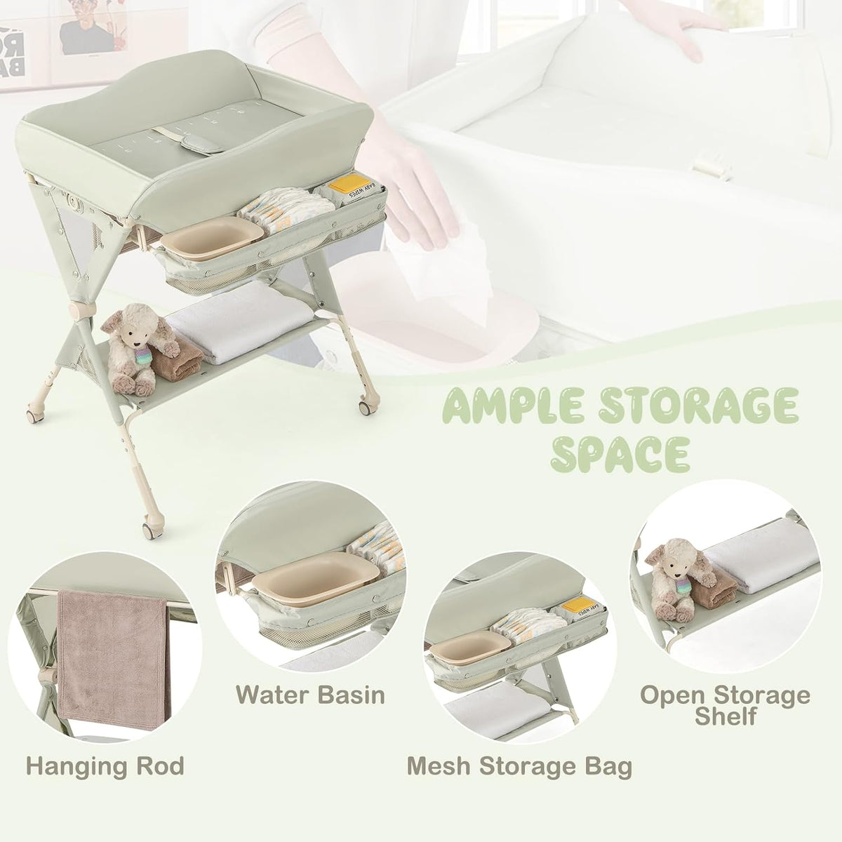 Changing Table, Folding Mobile Diaper Nursery Organizer w/Wheel, 3 Adjustable Heights, Storage Bag & Open Shelf, Water Basin, Portable Baby Changing Station for Newborn Infant(Green)