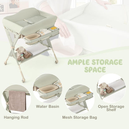 Changing Table, Folding Mobile Diaper Nursery Organizer w/Wheel, 3 Adjustable Heights, Storage Bag & Open Shelf, Water Basin, Portable Baby Changing Station for Newborn Infant(Green)