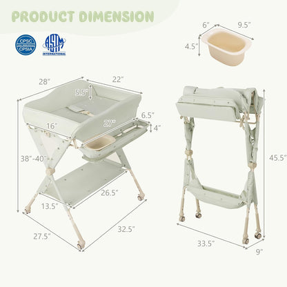 Changing Table, Folding Mobile Diaper Nursery Organizer w/Wheel, 3 Adjustable Heights, Storage Bag & Open Shelf, Water Basin, Portable Baby Changing Station for Newborn Infant(Green)