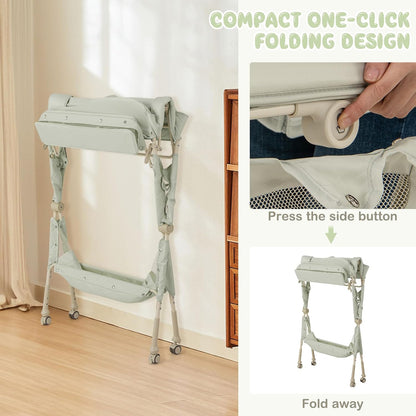 Changing Table, Folding Mobile Diaper Nursery Organizer w/Wheel, 3 Adjustable Heights, Storage Bag & Open Shelf, Water Basin, Portable Baby Changing Station for Newborn Infant(Green)