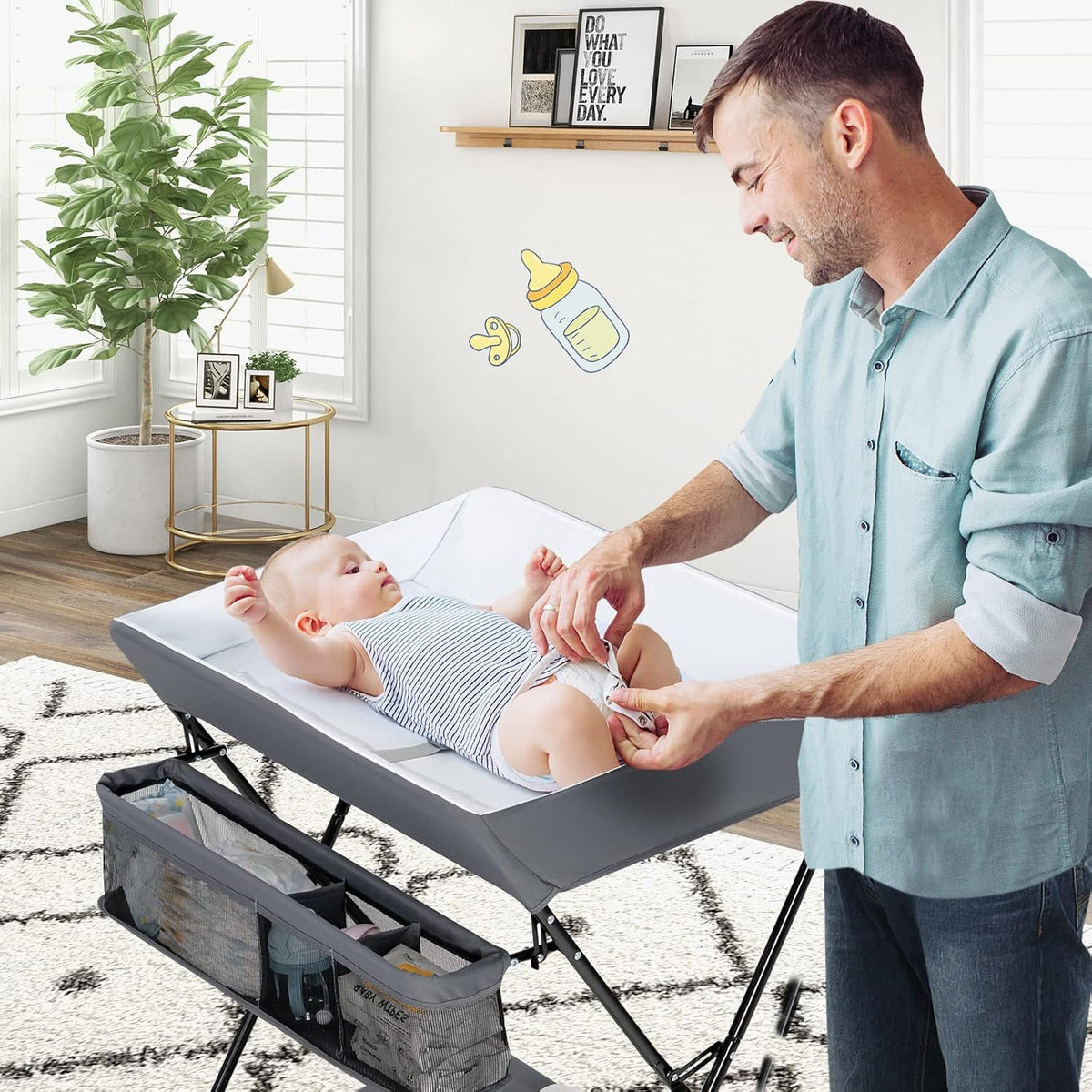 Changing Table, Folding Mobile Diaper Nursery Organizer w/Wheel, 3 Adjustable Heights, Storage Bag & Open Shelf, Water Basin, Portable Baby Changing Station for Newborn Infant(Green)