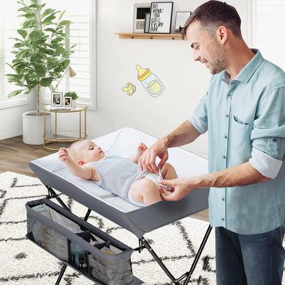 Changing Table, Folding Mobile Diaper Nursery Organizer w/Wheel, 3 Adjustable Heights, Storage Bag & Open Shelf, Water Basin, Portable Baby Changing Station for Newborn Infant(Green)
