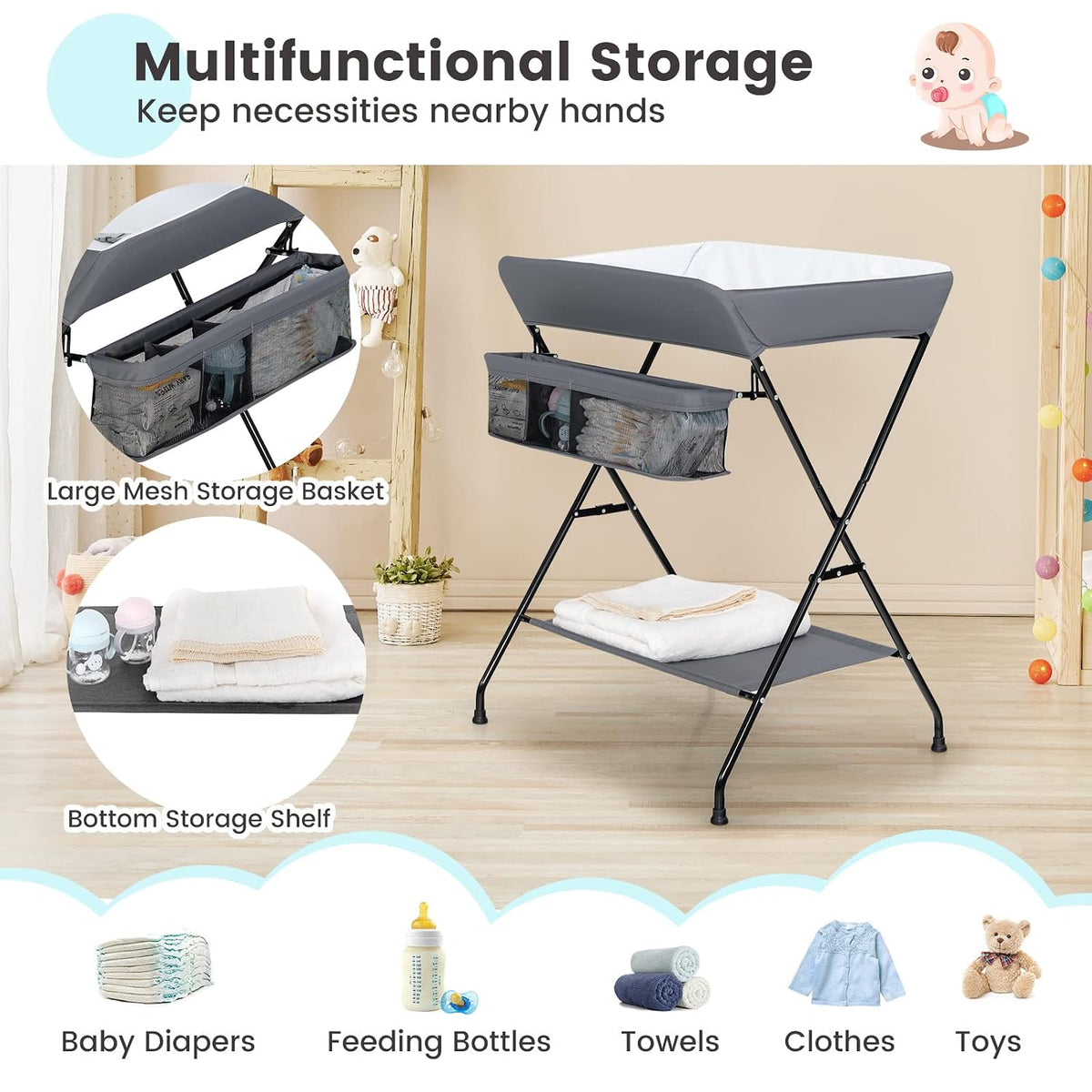 Changing Table, Folding Mobile Diaper Nursery Organizer w/Wheel, 3 Adjustable Heights, Storage Bag & Open Shelf, Water Basin, Portable Baby Changing Station for Newborn Infant(Green)