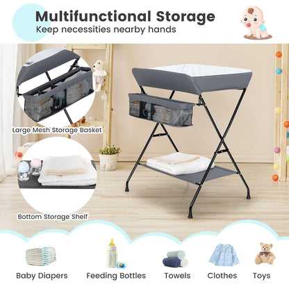 Changing Table, Folding Mobile Diaper Nursery Organizer w/Wheel, 3 Adjustable Heights, Storage Bag & Open Shelf, Water Basin, Portable Baby Changing Station for Newborn Infant(Green)