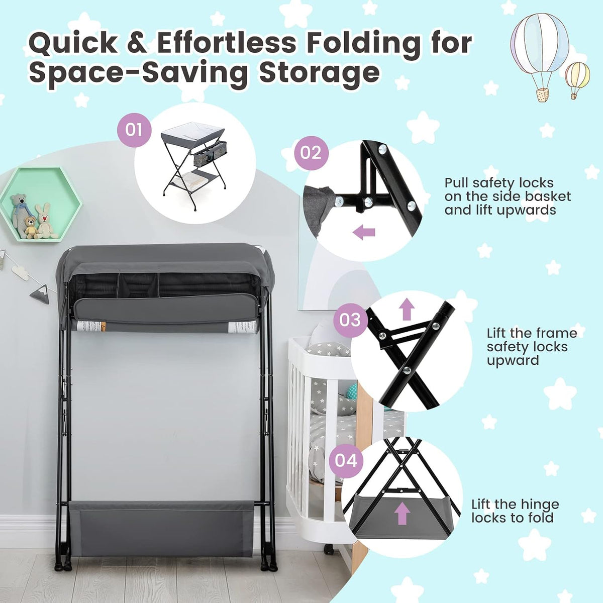 Changing Table, Folding Mobile Diaper Nursery Organizer w/Wheel, 3 Adjustable Heights, Storage Bag & Open Shelf, Water Basin, Portable Baby Changing Station for Newborn Infant(Green)