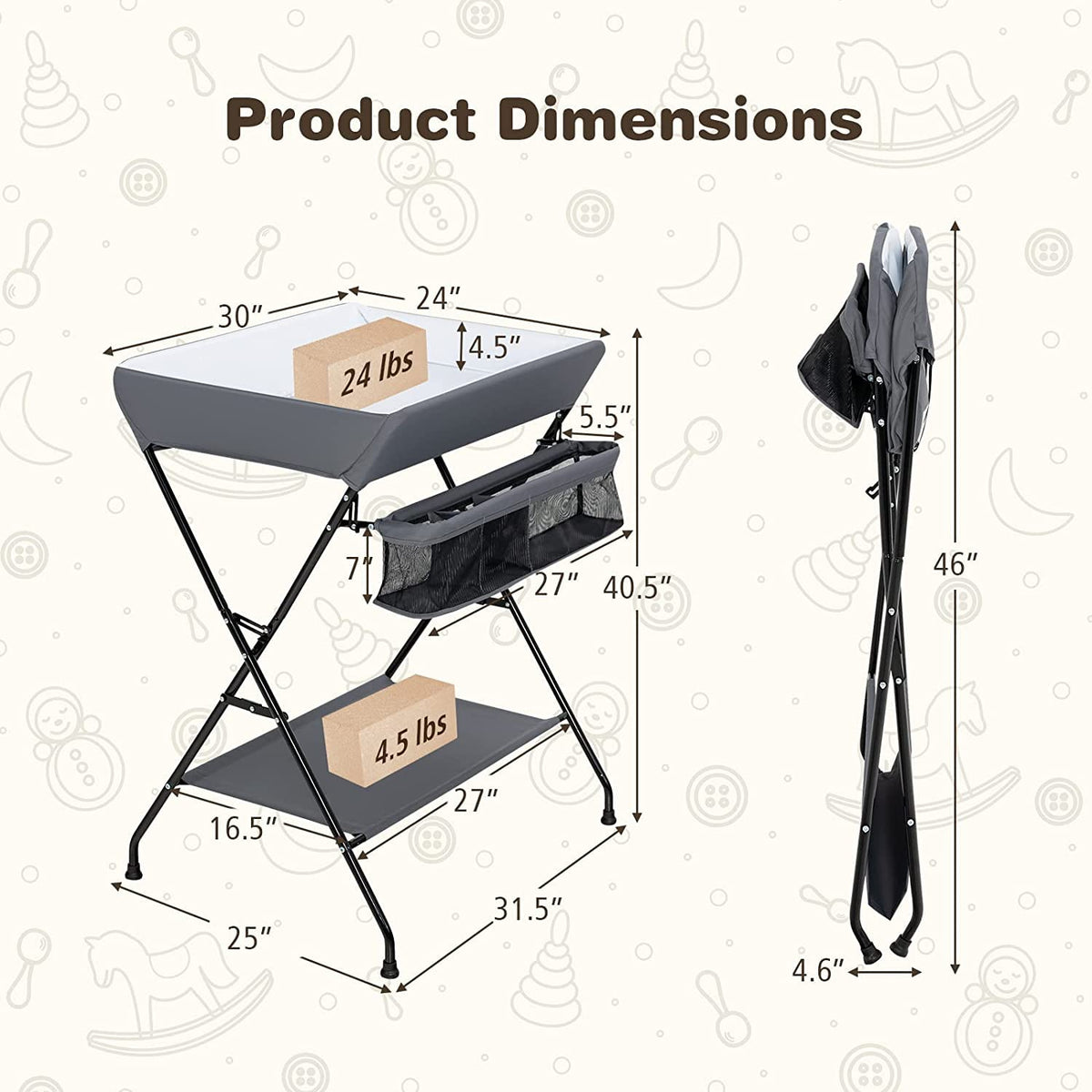 Changing Table, Folding Mobile Diaper Nursery Organizer w/Wheel, 3 Adjustable Heights, Storage Bag & Open Shelf, Water Basin, Portable Baby Changing Station for Newborn Infant(Green)