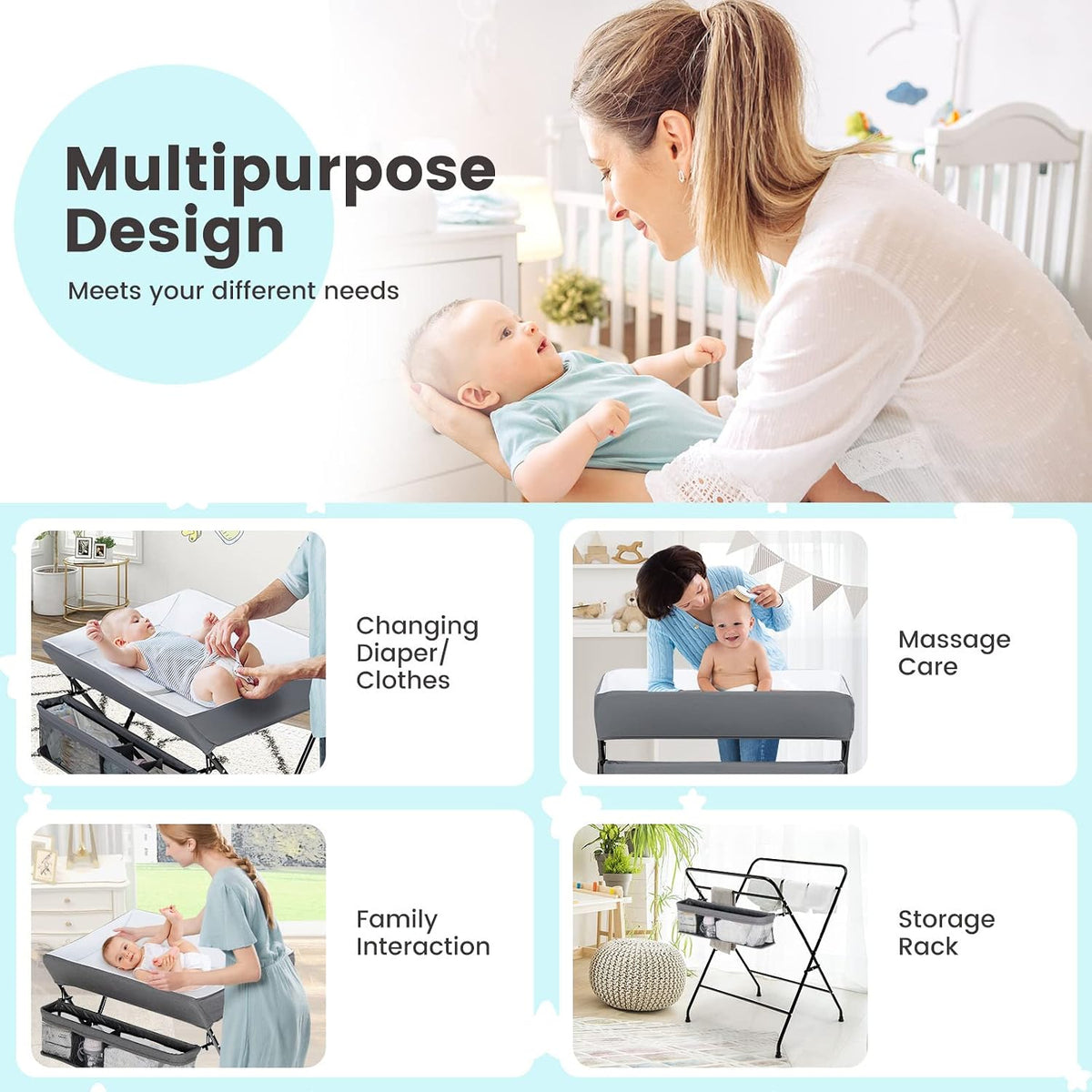 Changing Table, Folding Mobile Diaper Nursery Organizer w/Wheel, 3 Adjustable Heights, Storage Bag & Open Shelf, Water Basin, Portable Baby Changing Station for Newborn Infant(Green)