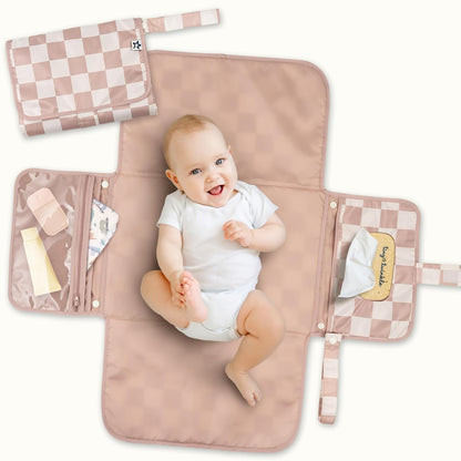 Portable Diaper Changing Pad | Waterproof, Wipeable & Compact Baby Changing Pad for Travel | Smart Wipes Pocket & Organized Storage| Newborn Shower Gift (Raspberry Gingham)
