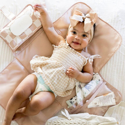 Portable Diaper Changing Pad | Waterproof, Wipeable & Compact Baby Changing Pad for Travel | Smart Wipes Pocket & Organized Storage| Newborn Shower Gift (Raspberry Gingham)