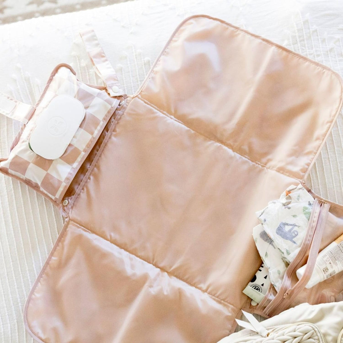 Portable Diaper Changing Pad | Waterproof, Wipeable & Compact Baby Changing Pad for Travel | Smart Wipes Pocket & Organized Storage| Newborn Shower Gift (Raspberry Gingham)
