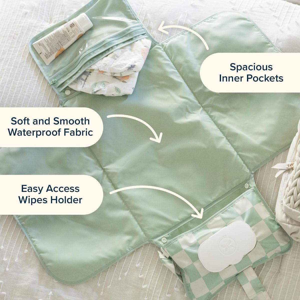 Portable Diaper Changing Pad | Waterproof, Wipeable & Compact Baby Changing Pad for Travel | Smart Wipes Pocket & Organized Storage| Newborn Shower Gift (Raspberry Gingham)