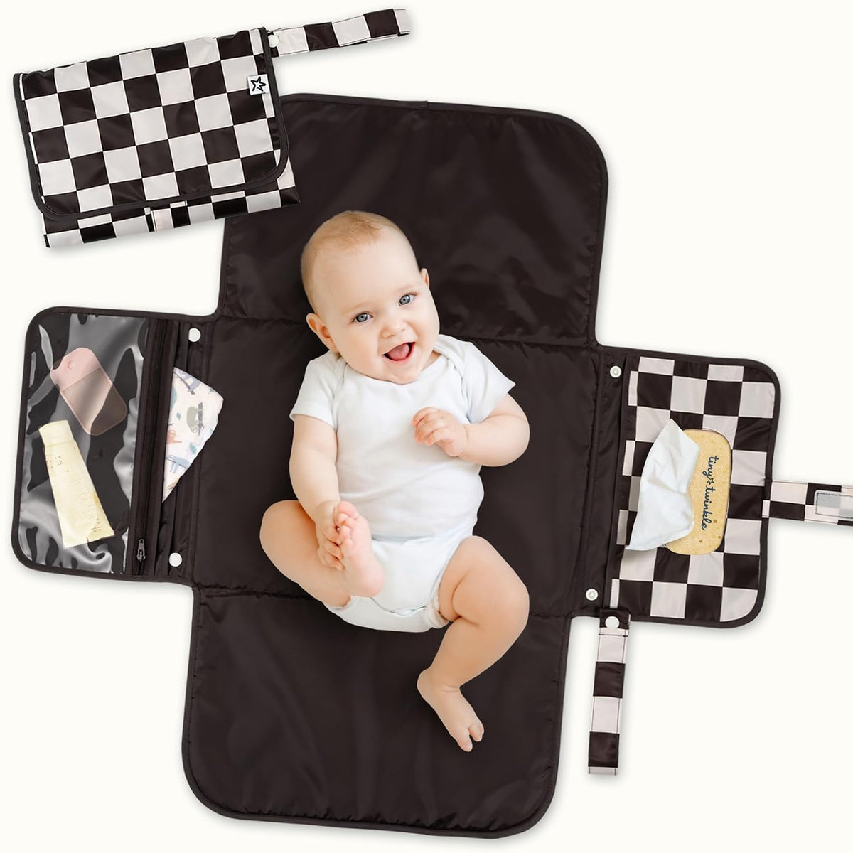 Portable Diaper Changing Pad | Waterproof, Wipeable & Compact Baby Changing Pad for Travel | Smart Wipes Pocket & Organized Storage| Newborn Shower Gift (Raspberry Gingham)