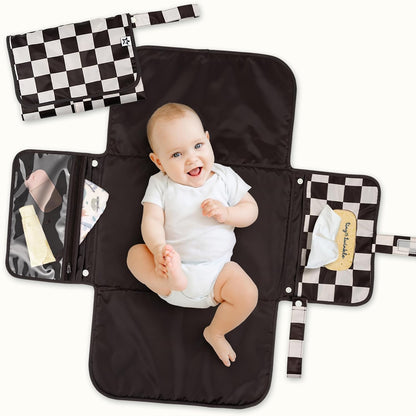Portable Diaper Changing Pad | Waterproof, Wipeable & Compact Baby Changing Pad for Travel | Smart Wipes Pocket & Organized Storage| Newborn Shower Gift (Raspberry Gingham)
