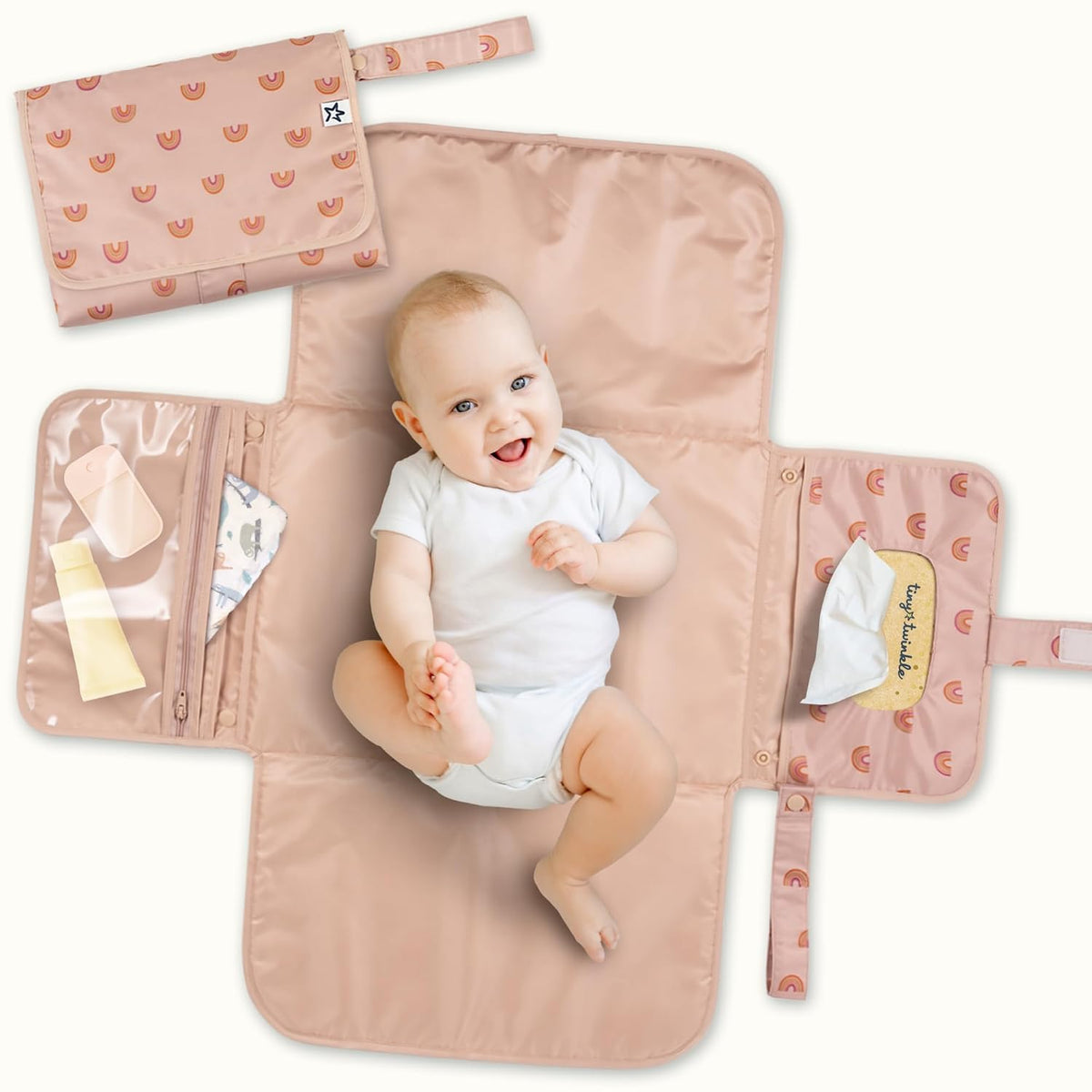 Portable Diaper Changing Pad | Waterproof, Wipeable & Compact Baby Changing Pad for Travel | Smart Wipes Pocket & Organized Storage| Newborn Shower Gift (Raspberry Gingham)