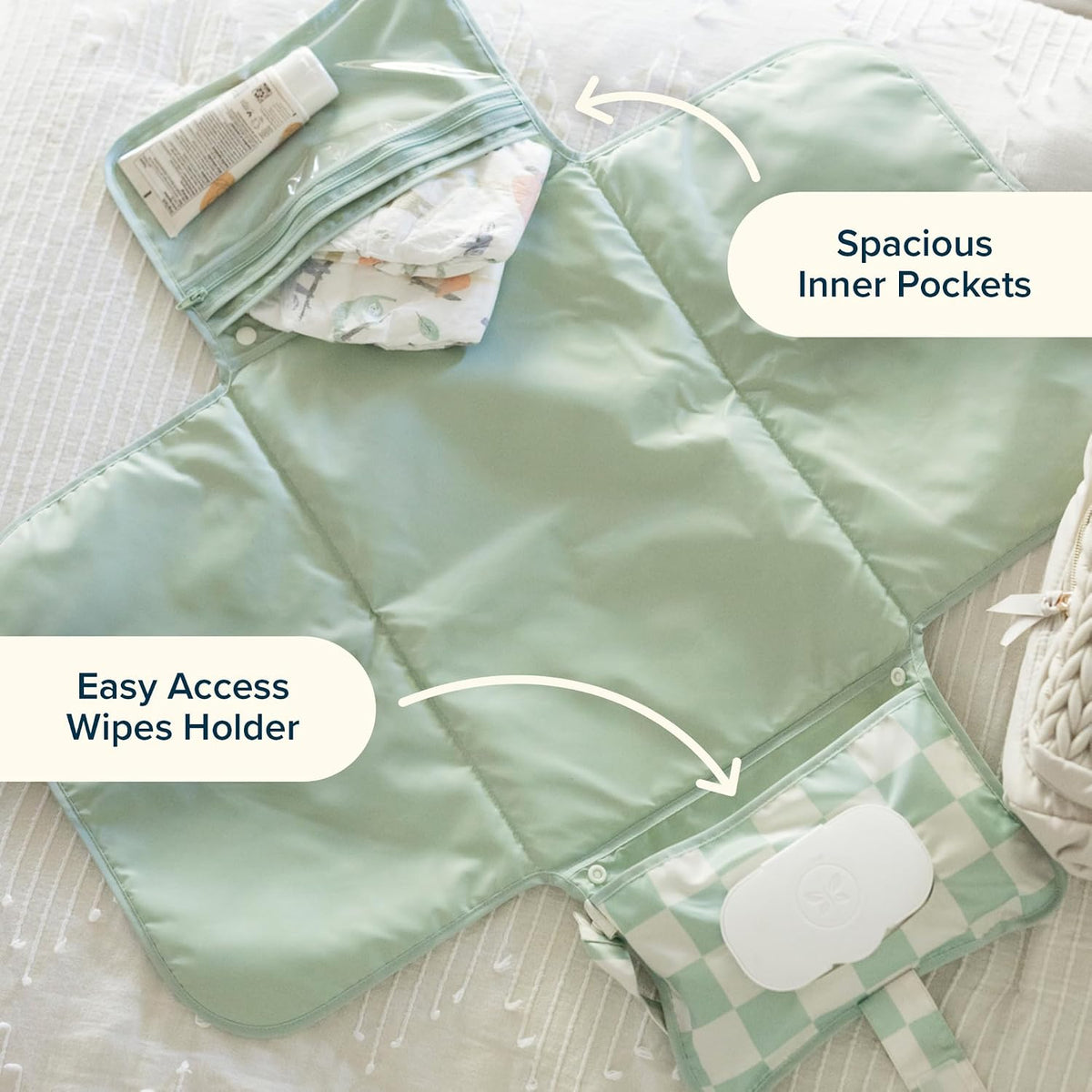 Portable Diaper Changing Pad | Waterproof, Wipeable & Compact Baby Changing Pad for Travel | Smart Wipes Pocket & Organized Storage| Newborn Shower Gift (Raspberry Gingham)