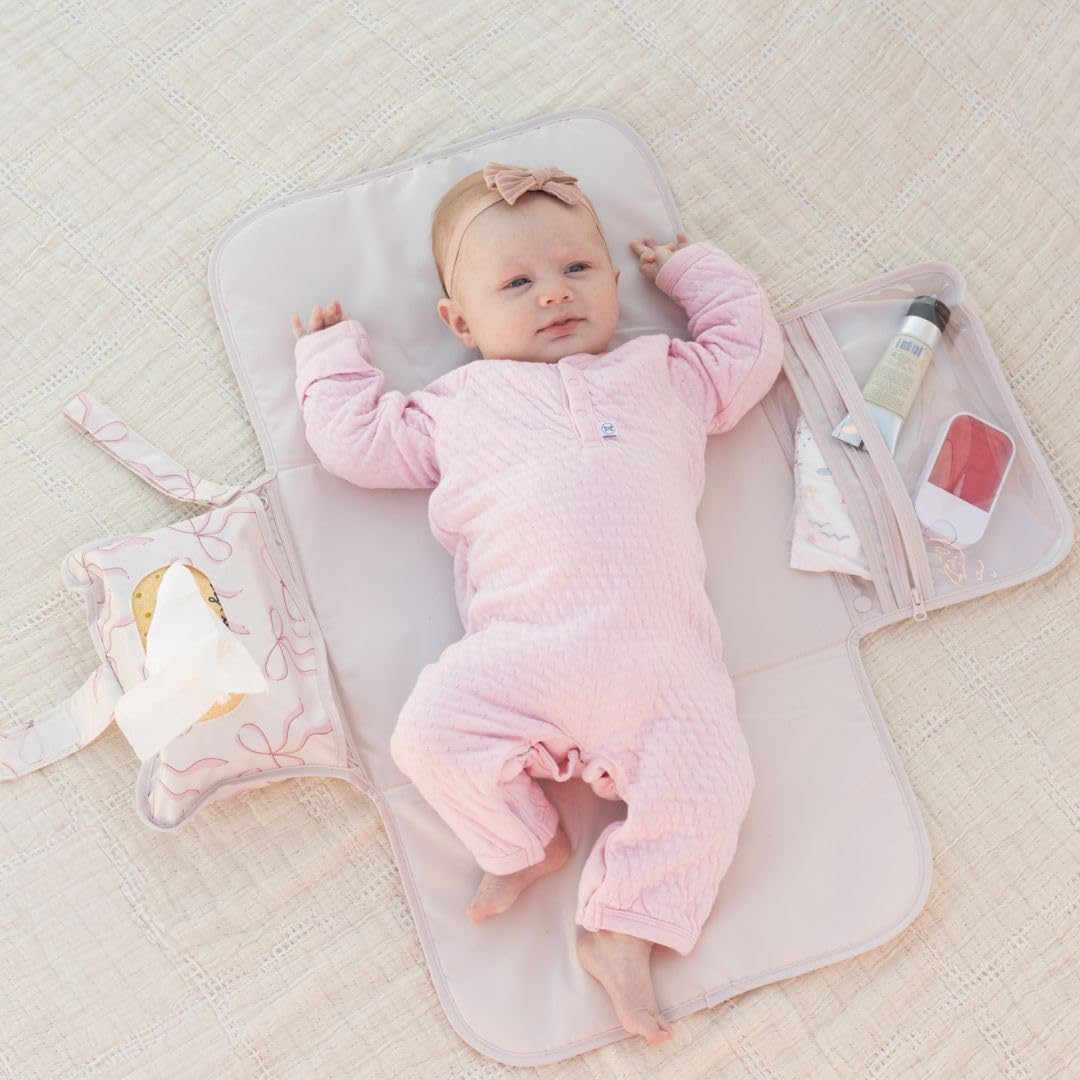 Portable Diaper Changing Pad | Waterproof, Wipeable & Compact Baby Changing Pad for Travel | Smart Wipes Pocket & Organized Storage| Newborn Shower Gift (Raspberry Gingham)