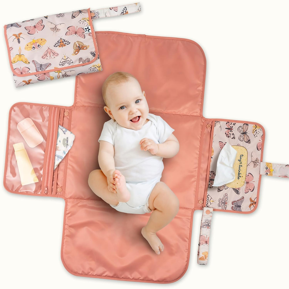 Portable Diaper Changing Pad | Waterproof, Wipeable & Compact Baby Changing Pad for Travel | Smart Wipes Pocket & Organized Storage| Newborn Shower Gift (Raspberry Gingham)