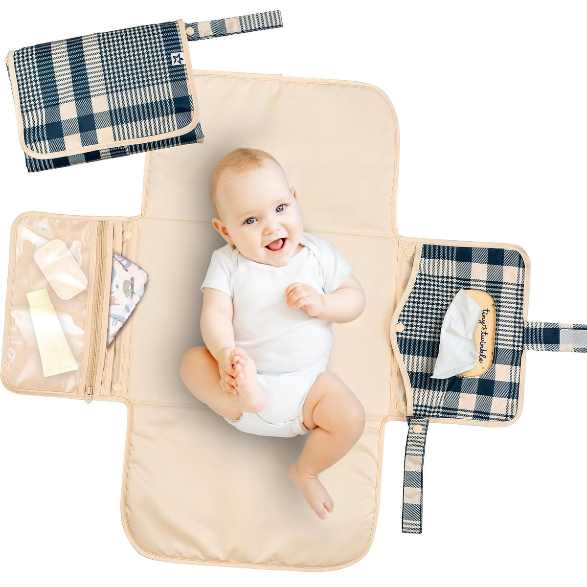 Portable Diaper Changing Pad | Waterproof, Wipeable & Compact Baby Changing Pad for Travel | Smart Wipes Pocket & Organized Storage| Newborn Shower Gift (Raspberry Gingham)