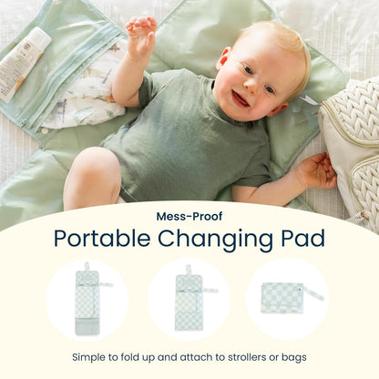 Portable Diaper Changing Pad | Waterproof, Wipeable & Compact Baby Changing Pad for Travel | Smart Wipes Pocket & Organized Storage| Newborn Shower Gift (Raspberry Gingham)