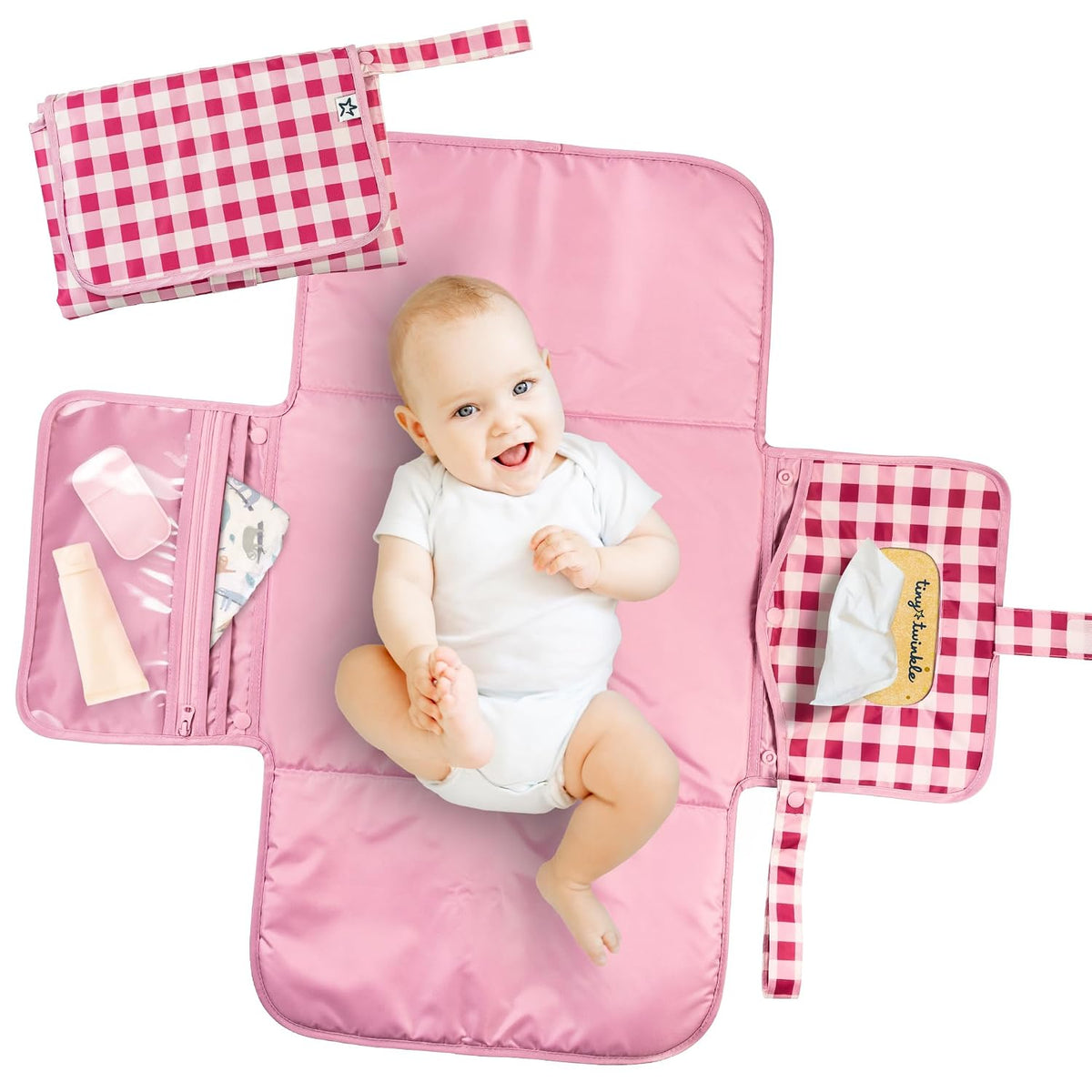 Portable Diaper Changing Pad | Waterproof, Wipeable & Compact Baby Changing Pad for Travel | Smart Wipes Pocket & Organized Storage| Newborn Shower Gift (Raspberry Gingham)