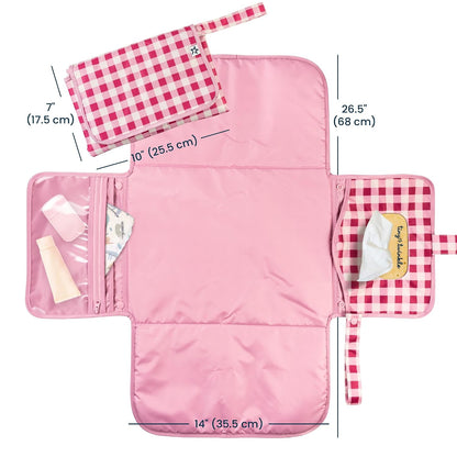 Portable Diaper Changing Pad | Waterproof, Wipeable & Compact Baby Changing Pad for Travel | Smart Wipes Pocket & Organized Storage| Newborn Shower Gift (Raspberry Gingham)