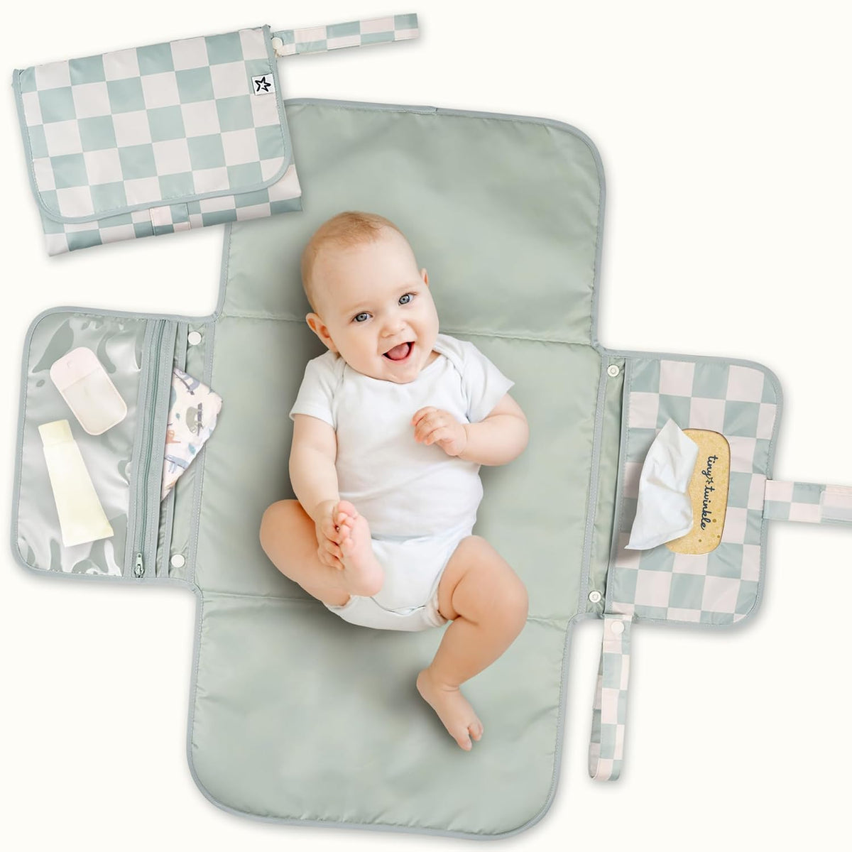 Portable Diaper Changing Pad | Waterproof, Wipeable & Compact Baby Changing Pad for Travel | Smart Wipes Pocket & Organized Storage| Newborn Shower Gift (Raspberry Gingham)