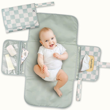 Portable Diaper Changing Pad | Waterproof, Wipeable & Compact Baby Changing Pad for Travel | Smart Wipes Pocket & Organized Storage| Newborn Shower Gift (Raspberry Gingham)