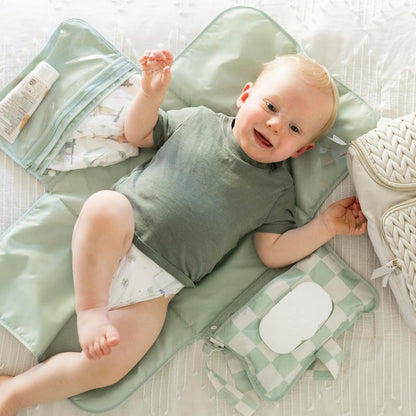 Portable Diaper Changing Pad | Waterproof, Wipeable & Compact Baby Changing Pad for Travel | Smart Wipes Pocket & Organized Storage| Newborn Shower Gift (Raspberry Gingham)