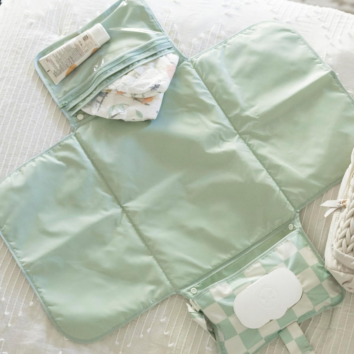 Portable Diaper Changing Pad | Waterproof, Wipeable & Compact Baby Changing Pad for Travel | Smart Wipes Pocket & Organized Storage| Newborn Shower Gift (Raspberry Gingham)