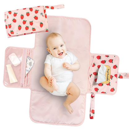 Portable Diaper Changing Pad | Waterproof, Wipeable & Compact Baby Changing Pad for Travel | Smart Wipes Pocket & Organized Storage| Newborn Shower Gift (Raspberry Gingham)