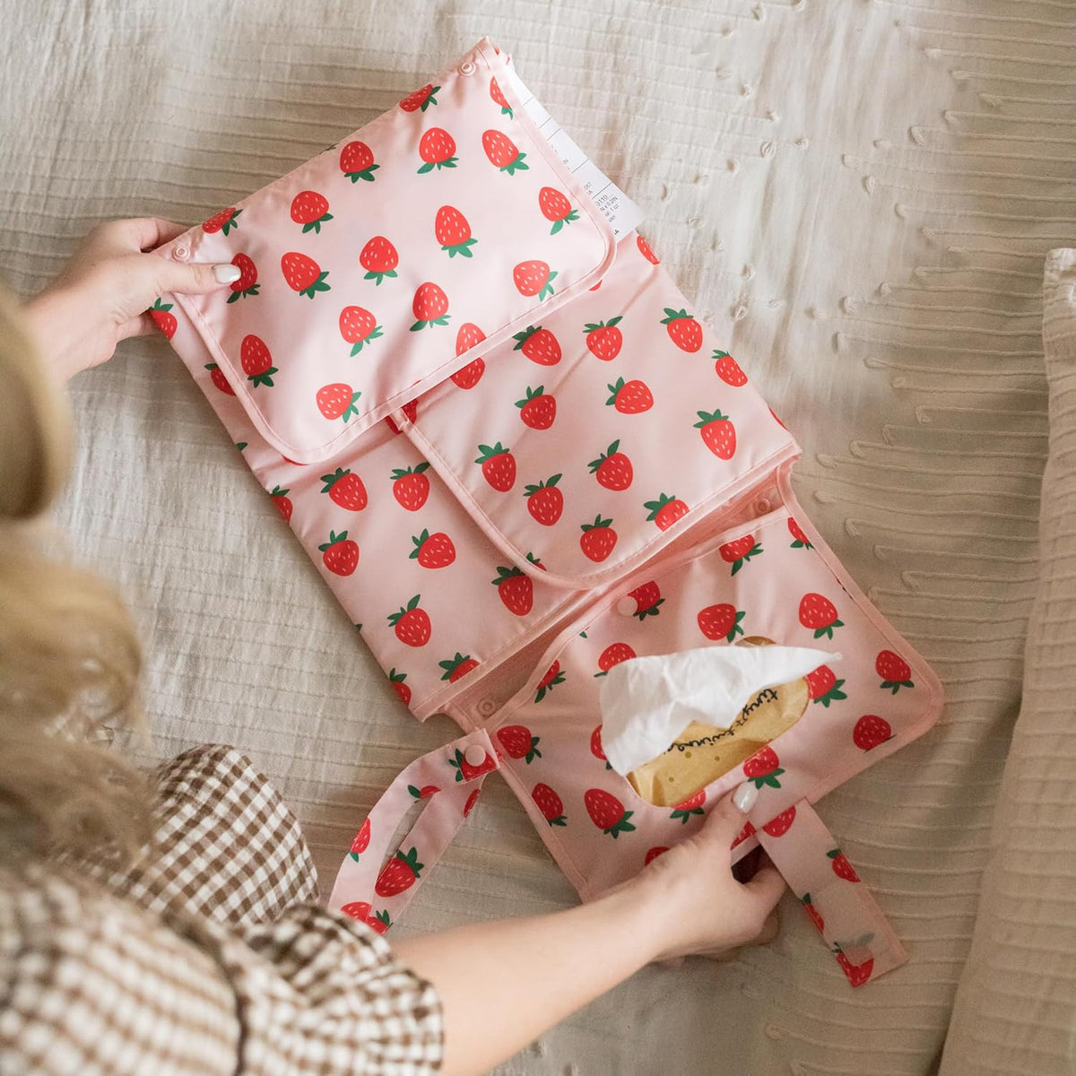 Portable Diaper Changing Pad | Waterproof, Wipeable & Compact Baby Changing Pad for Travel | Smart Wipes Pocket & Organized Storage| Newborn Shower Gift (Raspberry Gingham)