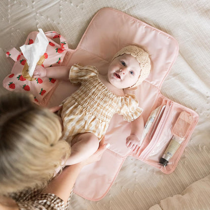 Portable Diaper Changing Pad | Waterproof, Wipeable & Compact Baby Changing Pad for Travel | Smart Wipes Pocket & Organized Storage| Newborn Shower Gift (Raspberry Gingham)