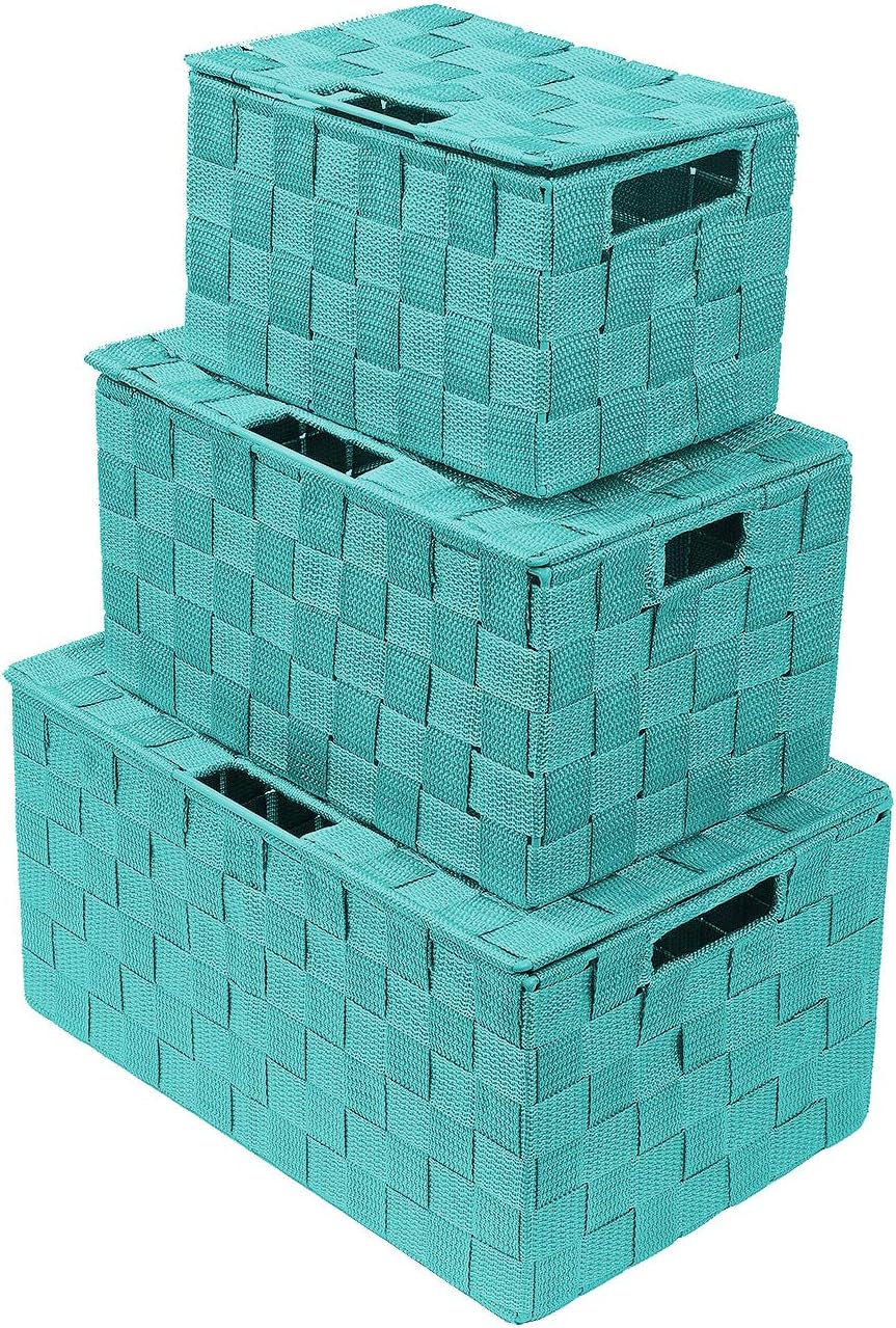 Storage Basket with Lid, 3-Piece Woven Set for Shelves (Black)