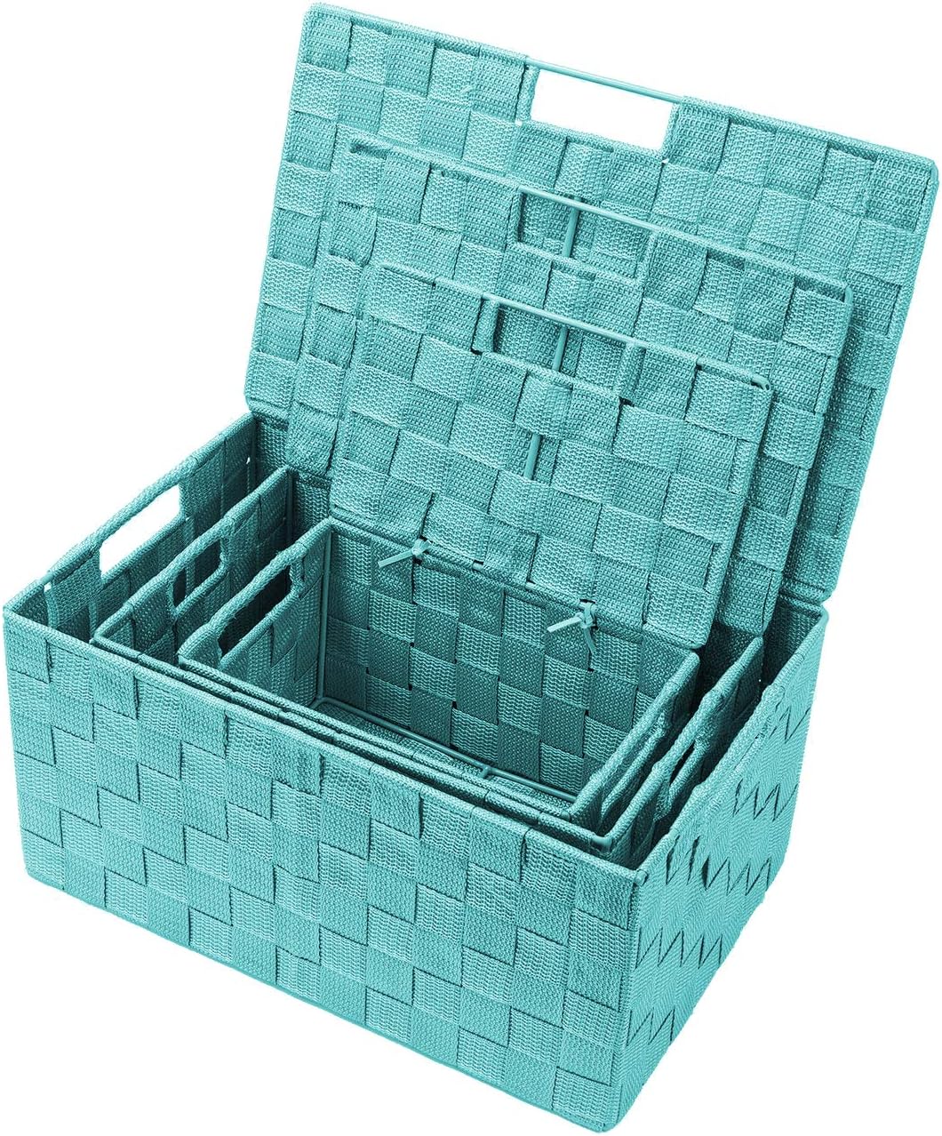 Storage Basket with Lid, 3-Piece Woven Set for Shelves (Black)