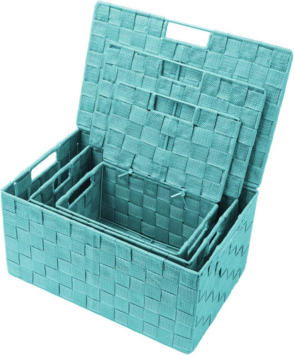 Storage Basket with Lid, 3-Piece Woven Set for Shelves (Black)