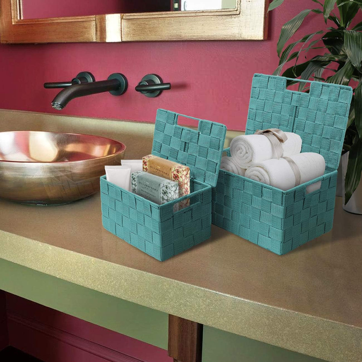 Storage Basket with Lid, 3-Piece Woven Set for Shelves (Black)