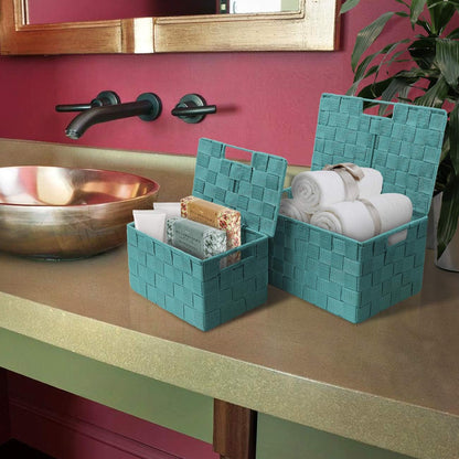 Storage Basket with Lid, 3-Piece Woven Set for Shelves (Black)