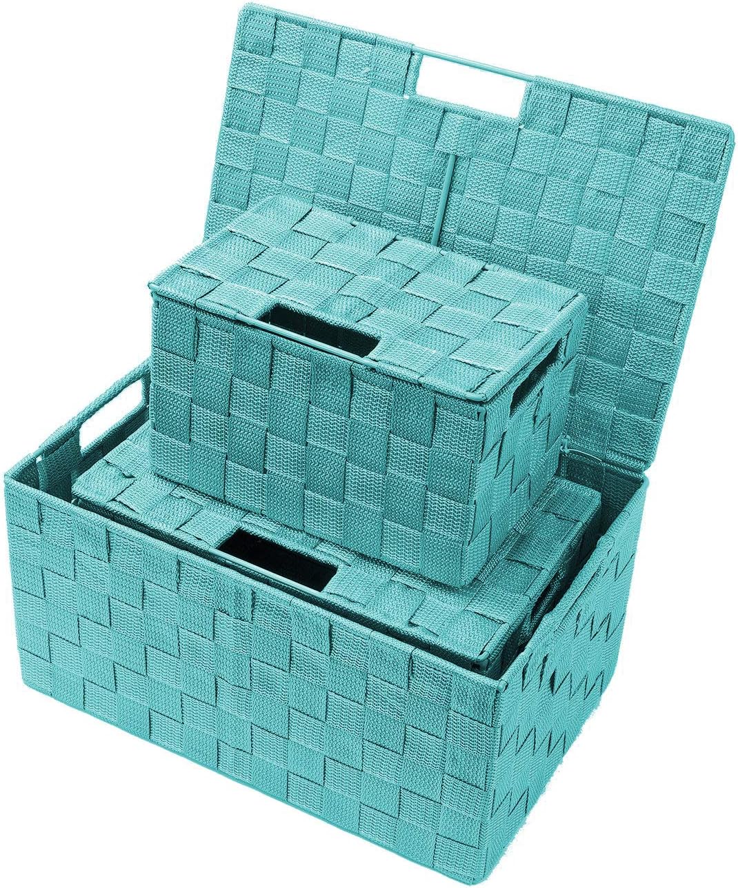 Storage Basket with Lid, 3-Piece Woven Set for Shelves (Black)